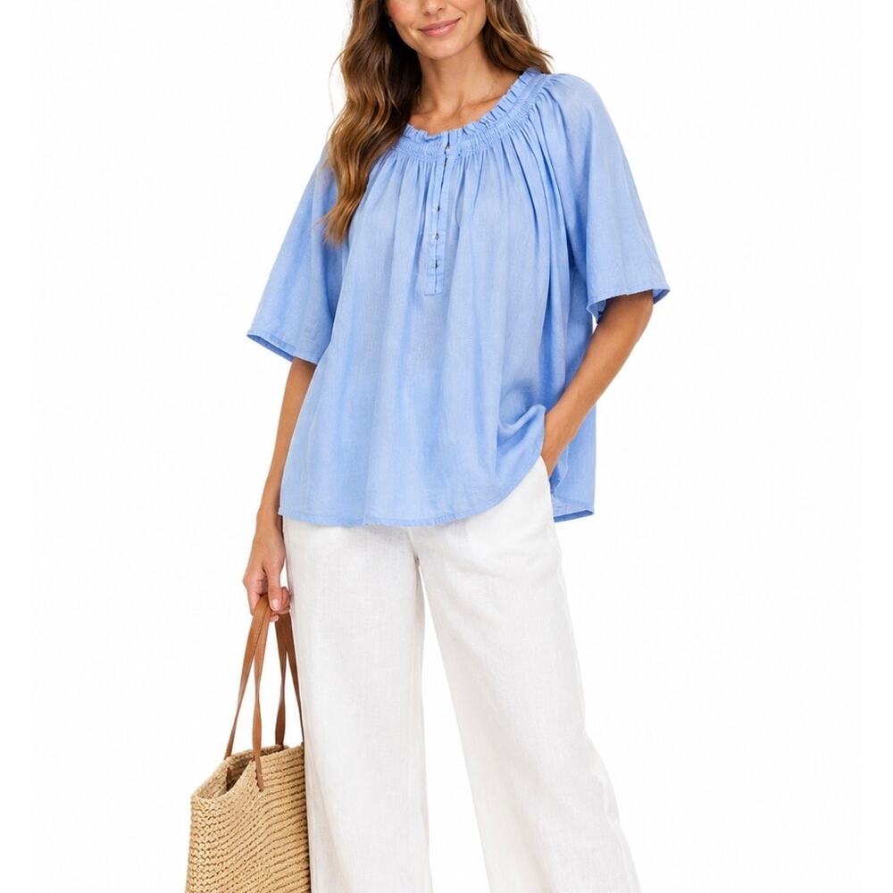 Apiece Apart Light Blue 100% Organic Cotton Peasant Blouse Tunic Top Size XL